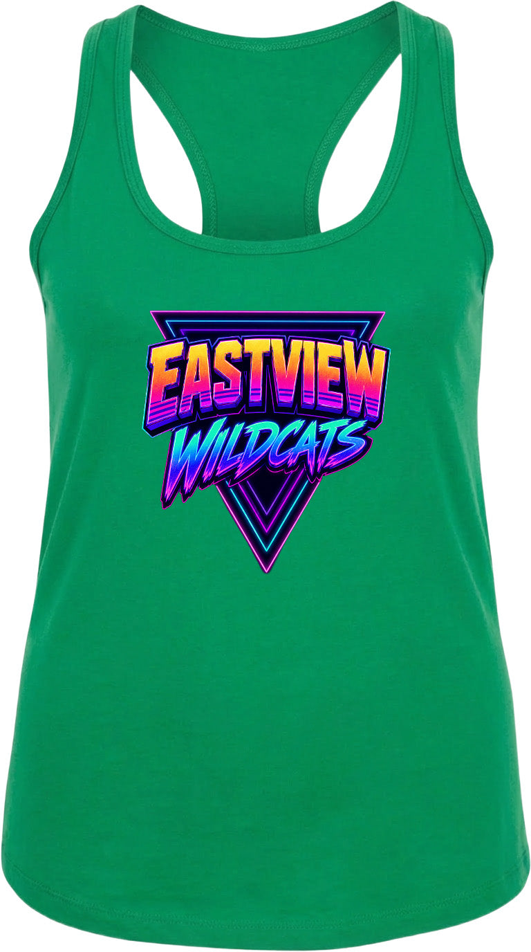 A green tank top with a graphic design featuring the text "EASTVIEW WILDCATS" in a colorful, retro-style font.