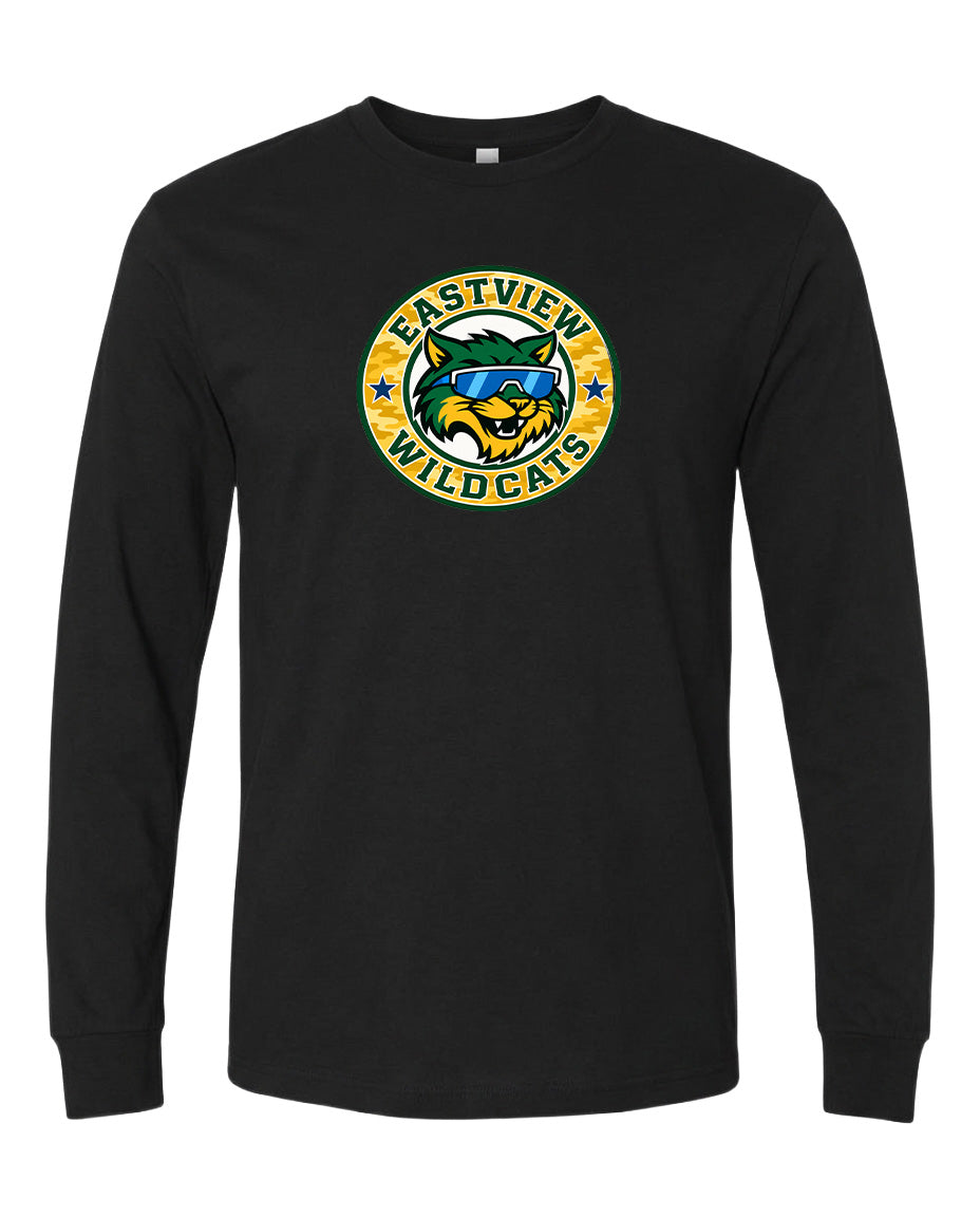 A black long-sleeved t-shirt with a graphic design featuring a yellow and green logo depicting a wildcat wearing sunglasses.