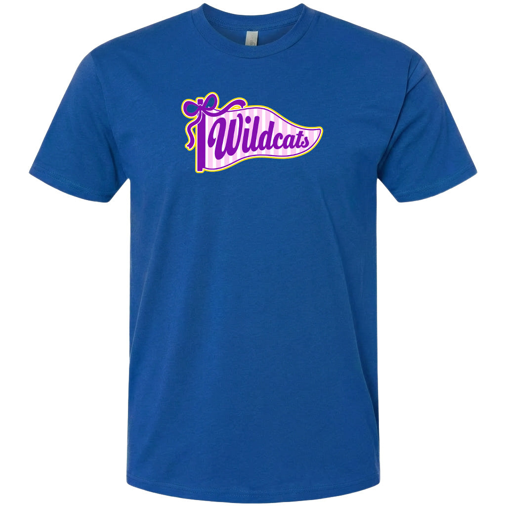 A blue t-shirt with a graphic design featuring the text "Wildcats" in purple and yellow colors.