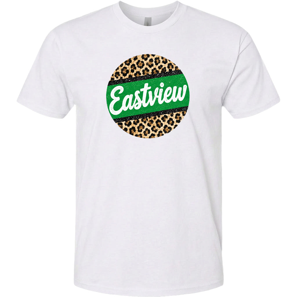 A white t-shirt with a circular graphic design featuring a leopard print pattern and the word "Eastview" written in green text.