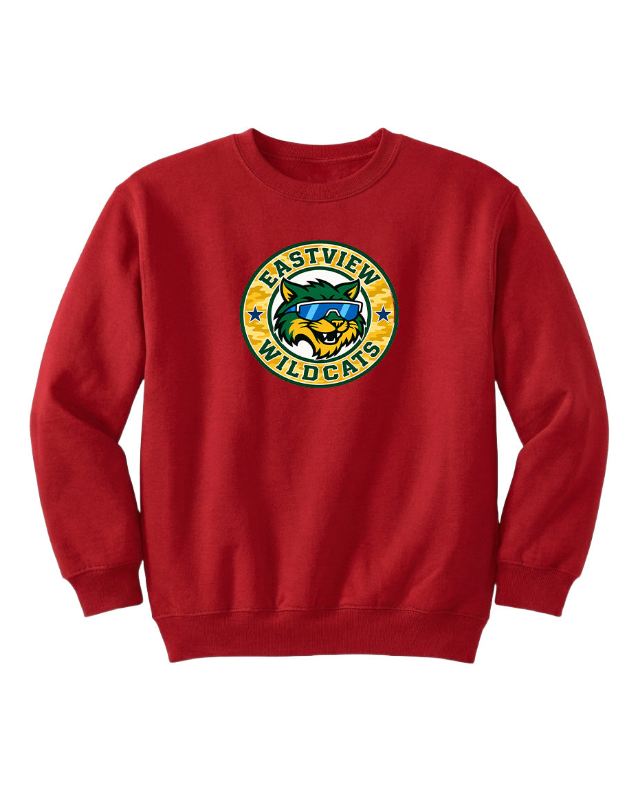 A red sweatshirt with a logo on the front.