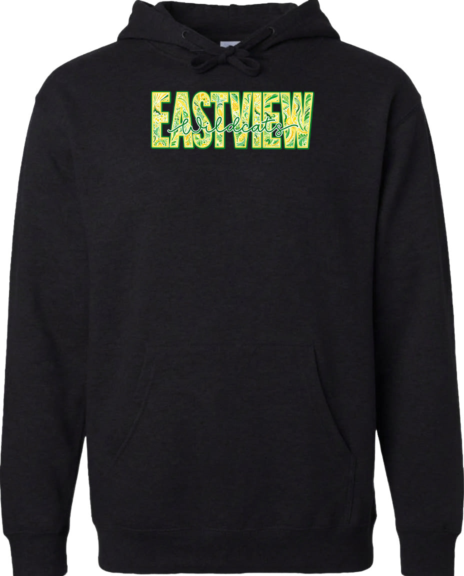 A black hoodie with the word "EASTVIEW" printed on it in a stylized font.