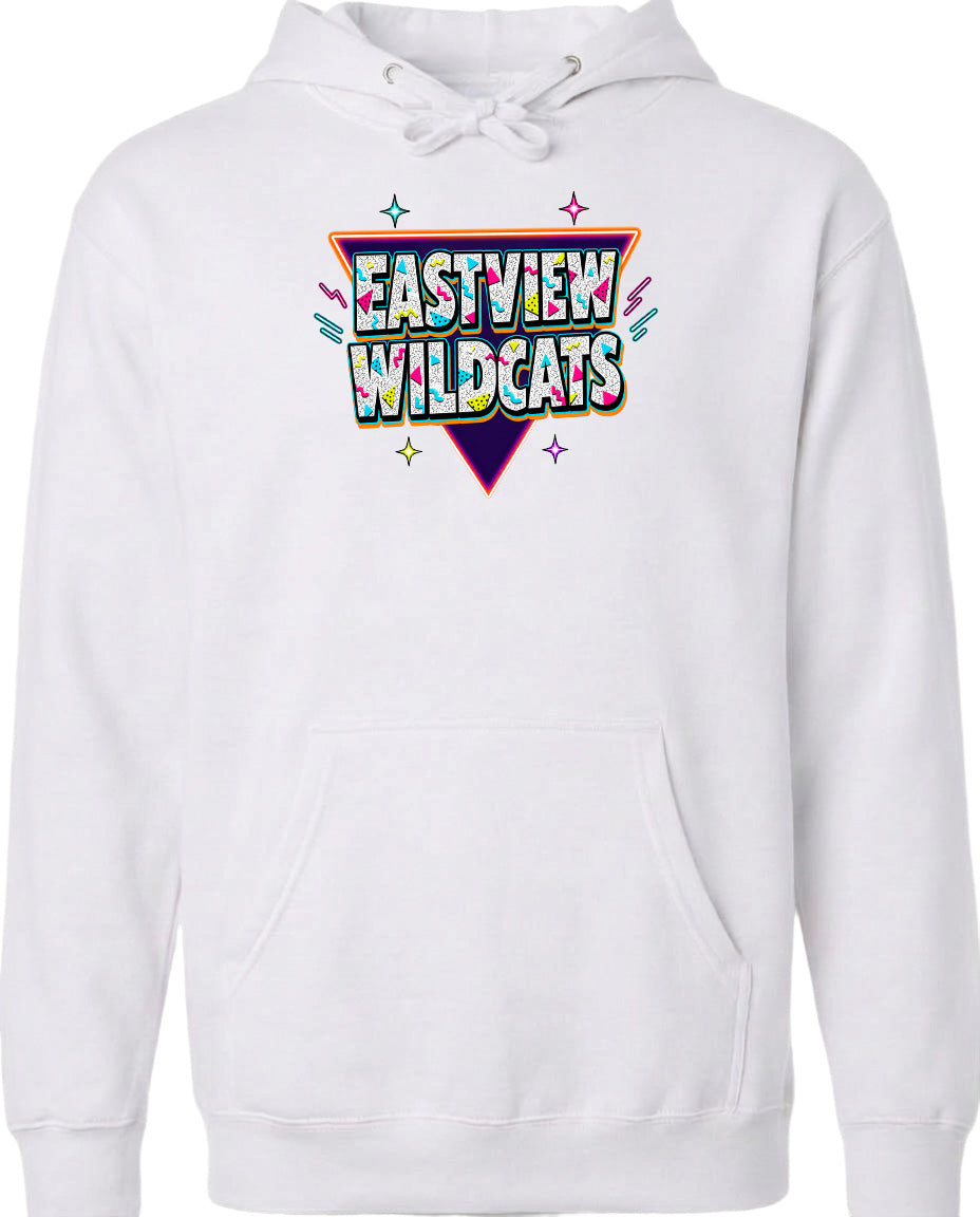 A white hoodie with a colorful graphic design featuring the text "EASTVIEW WILDCATS" in a stylized font.