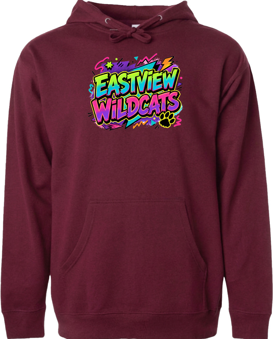 A burgundy-colored hoodie with a graphic design featuring the text "EASTVIEW WILDCATS" in a colorful, stylized font.