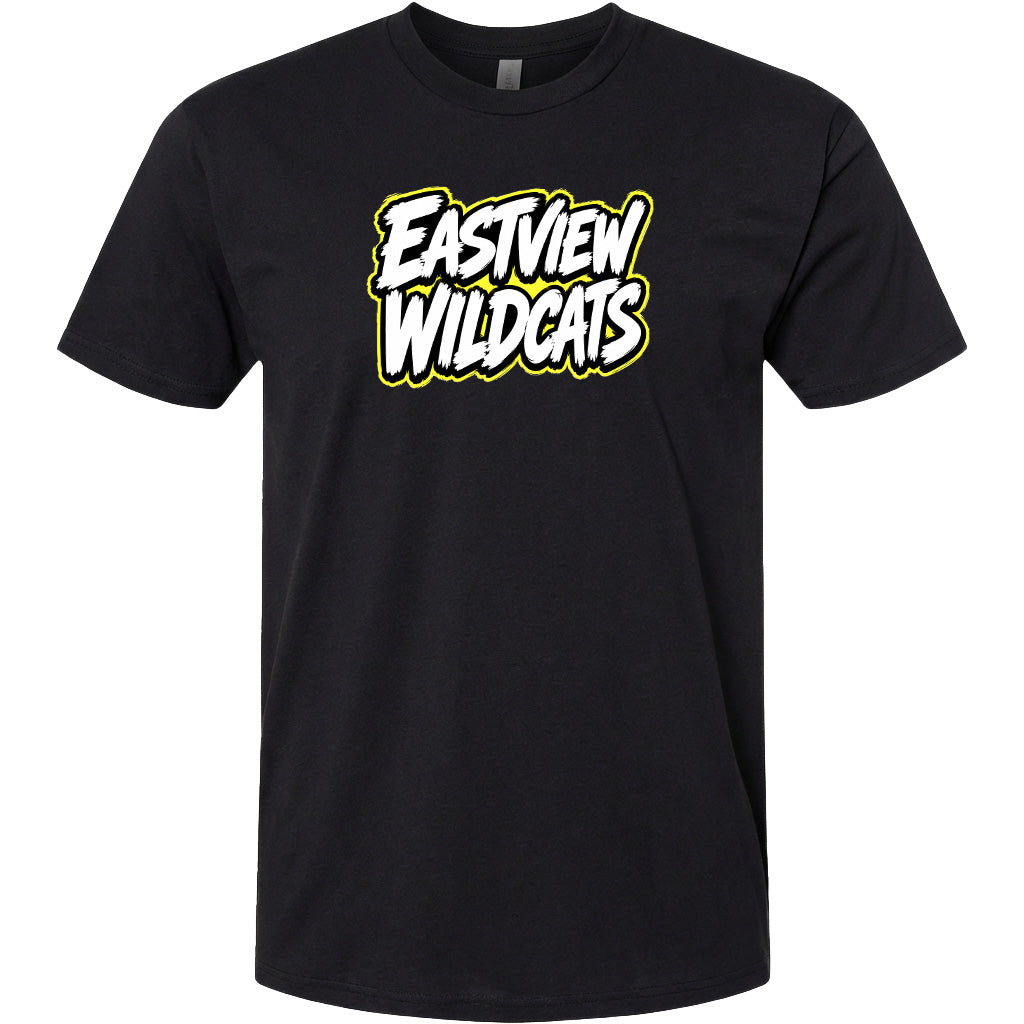 A black t-shirt with a white and yellow graphic design on it.
