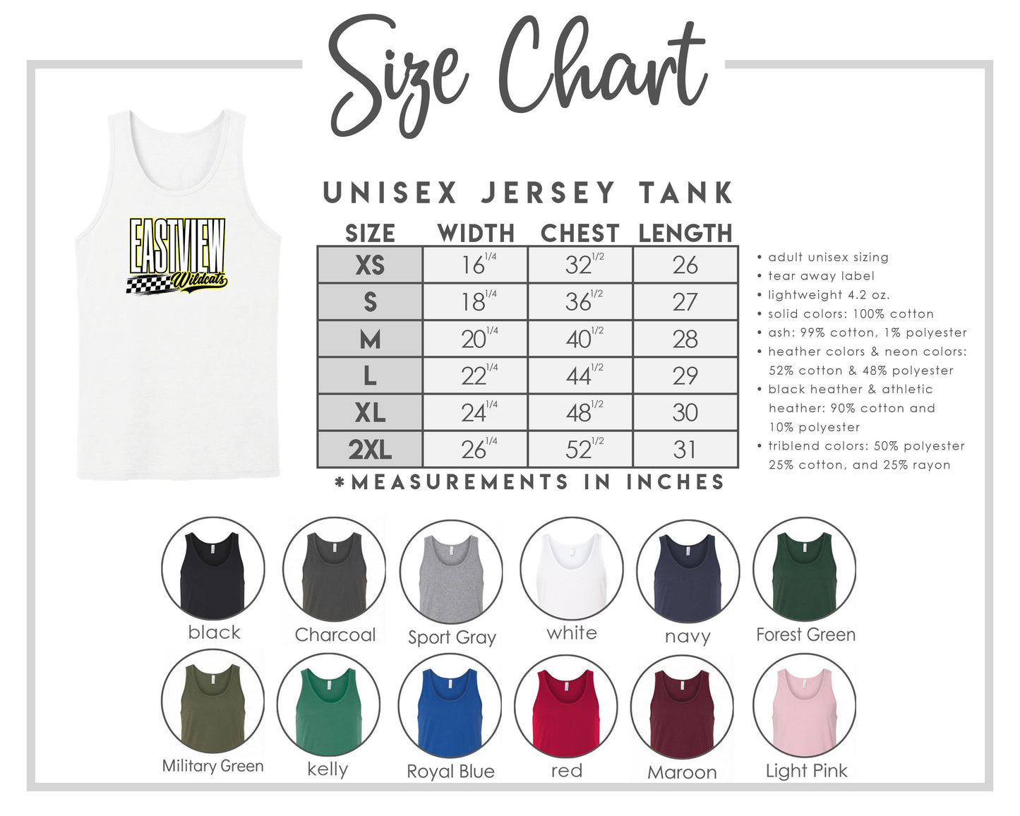 The image is a size chart for a unisex jersey tank, providing measurements and corresponding tank sizes for different chest lengths.
