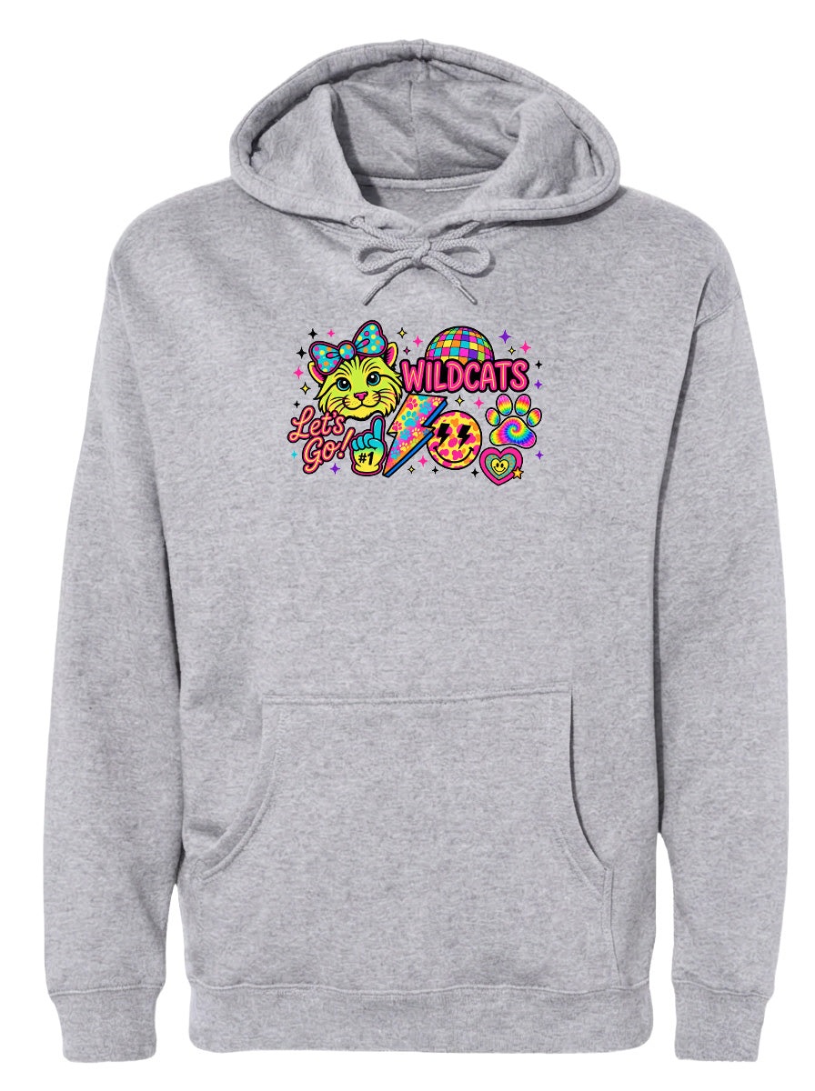 A gray hoodie with a colorful graphic design featuring a cartoon character and the text "Wildcats" printed on it.