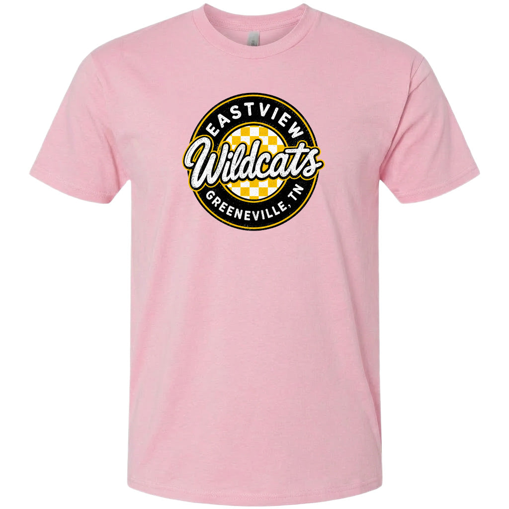 A pink t-shirt with a circular logo that says "EASTVIEW Wildcats Greeneville, TN".