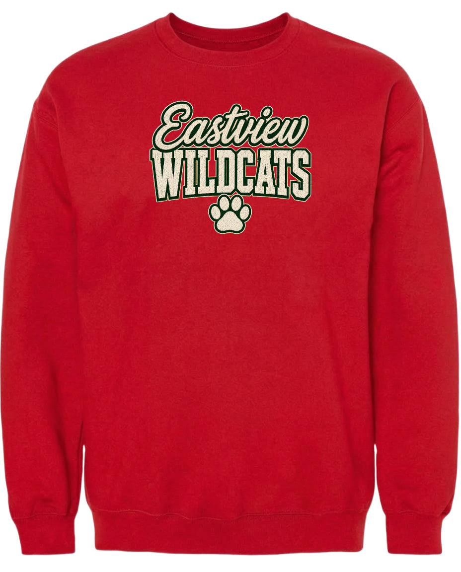 A red sweatshirt with the text "Eastview Wildcats" printed on it.
