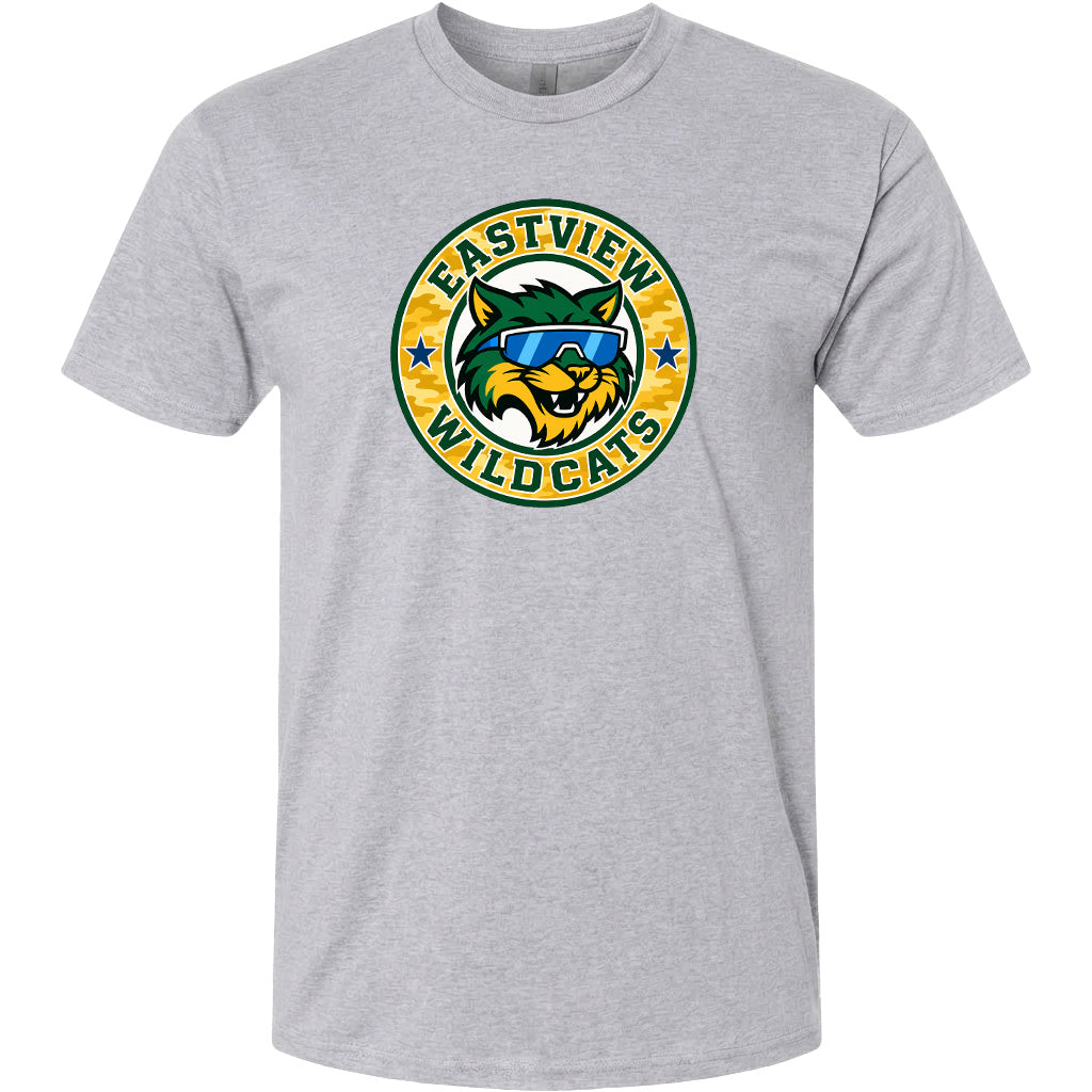 A gray t-shirt with a circular logo featuring a cartoon cat wearing sunglasses and the text "EASTVIEW WILDCATS".