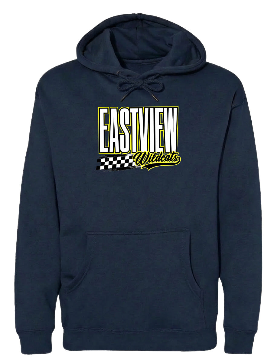 A navy blue hoodie with a graphic design on the front.