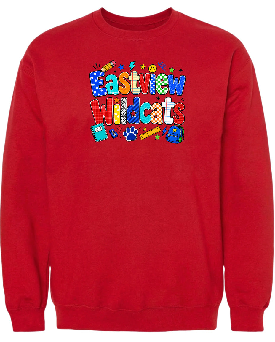 A red sweatshirt with the text "Eastview Wildcats" printed on it.