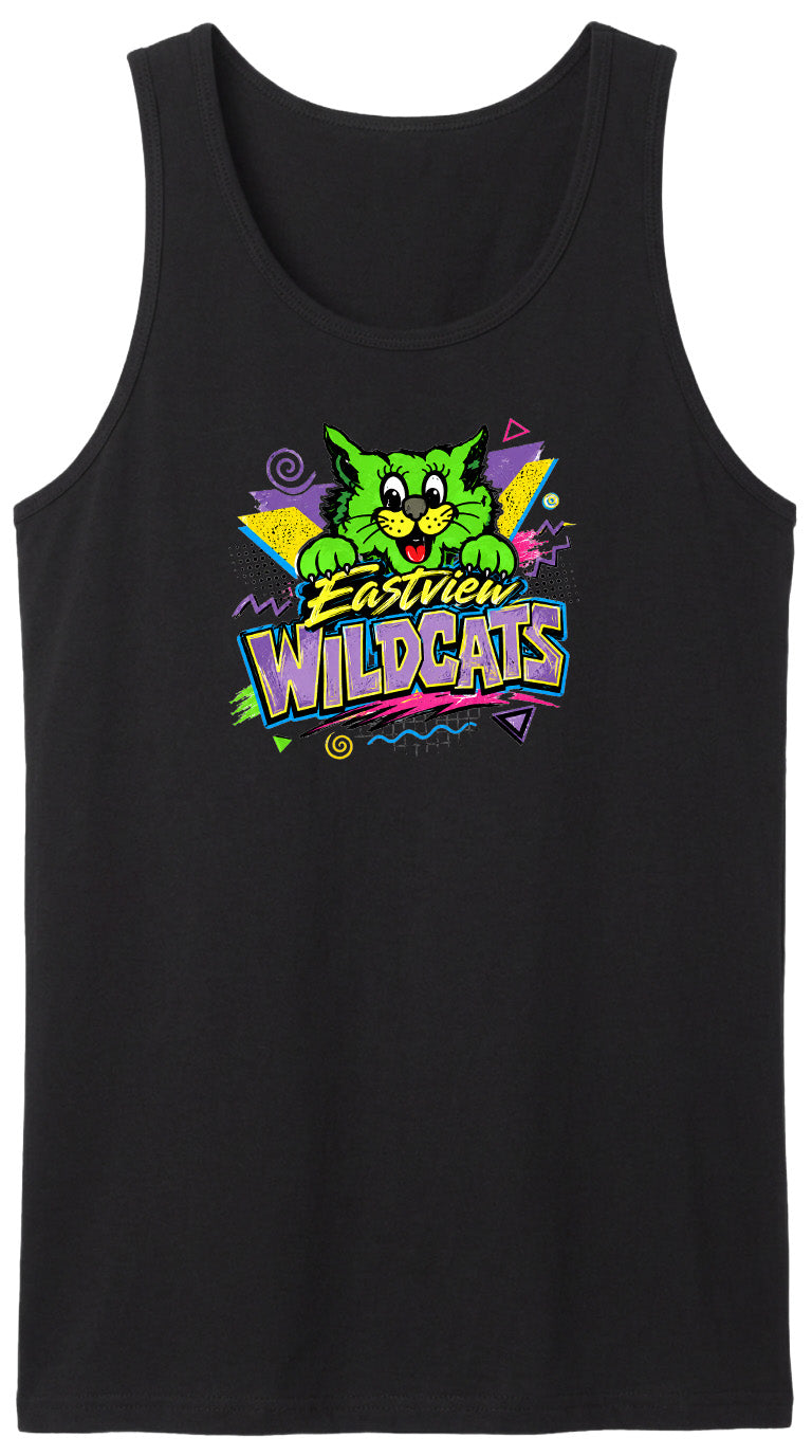 A black tank top with a colorful graphic design featuring a cartoon cat and the text "Wildcats" in a stylized font.