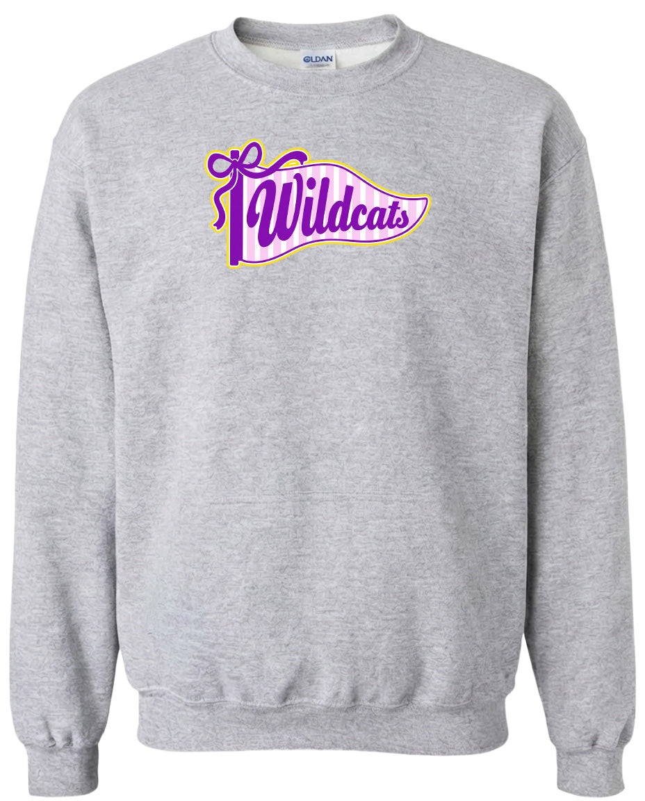 A gray sweatshirt with a graphic design featuring the word "Wildcats" in purple and yellow colors.