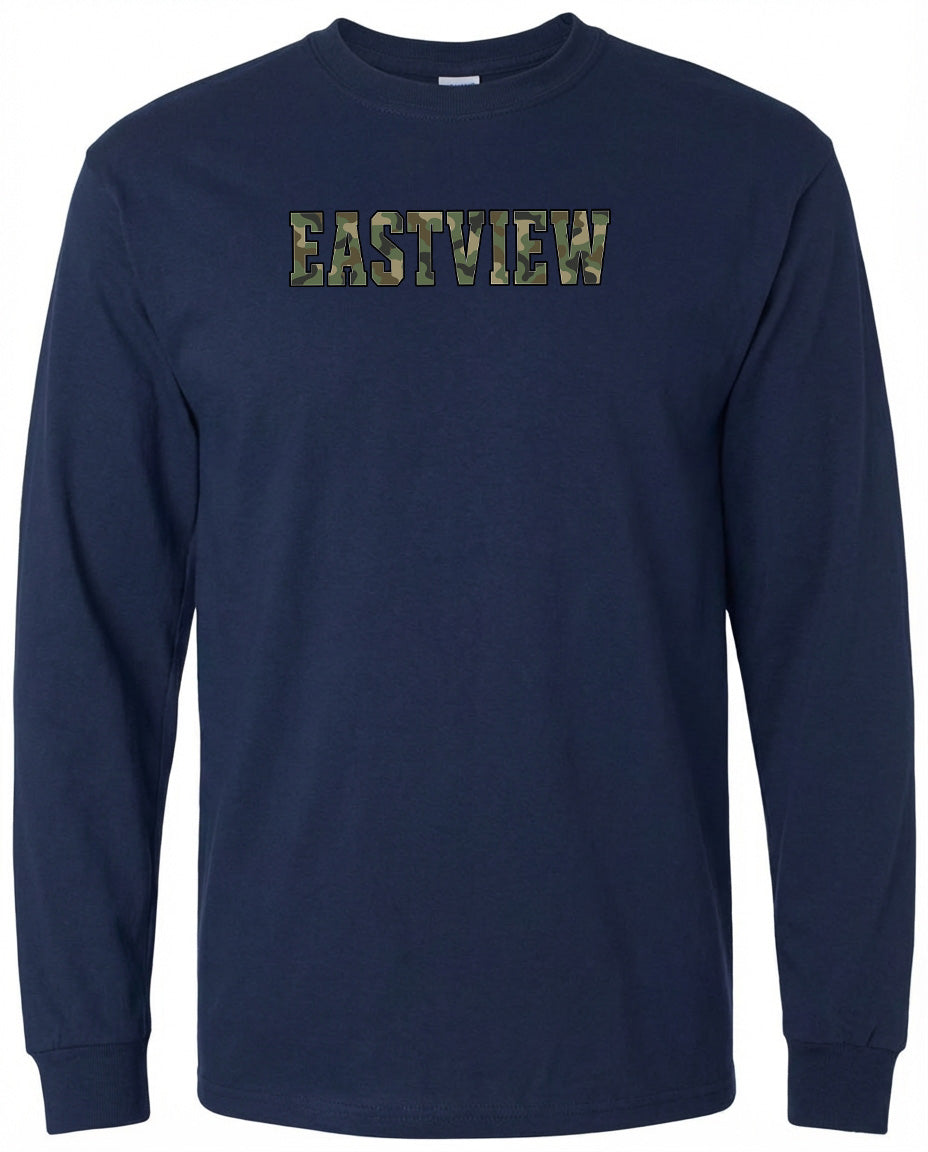 A navy blue long-sleeved shirt with the word "EASTVIEW" printed on it in a camouflage pattern.