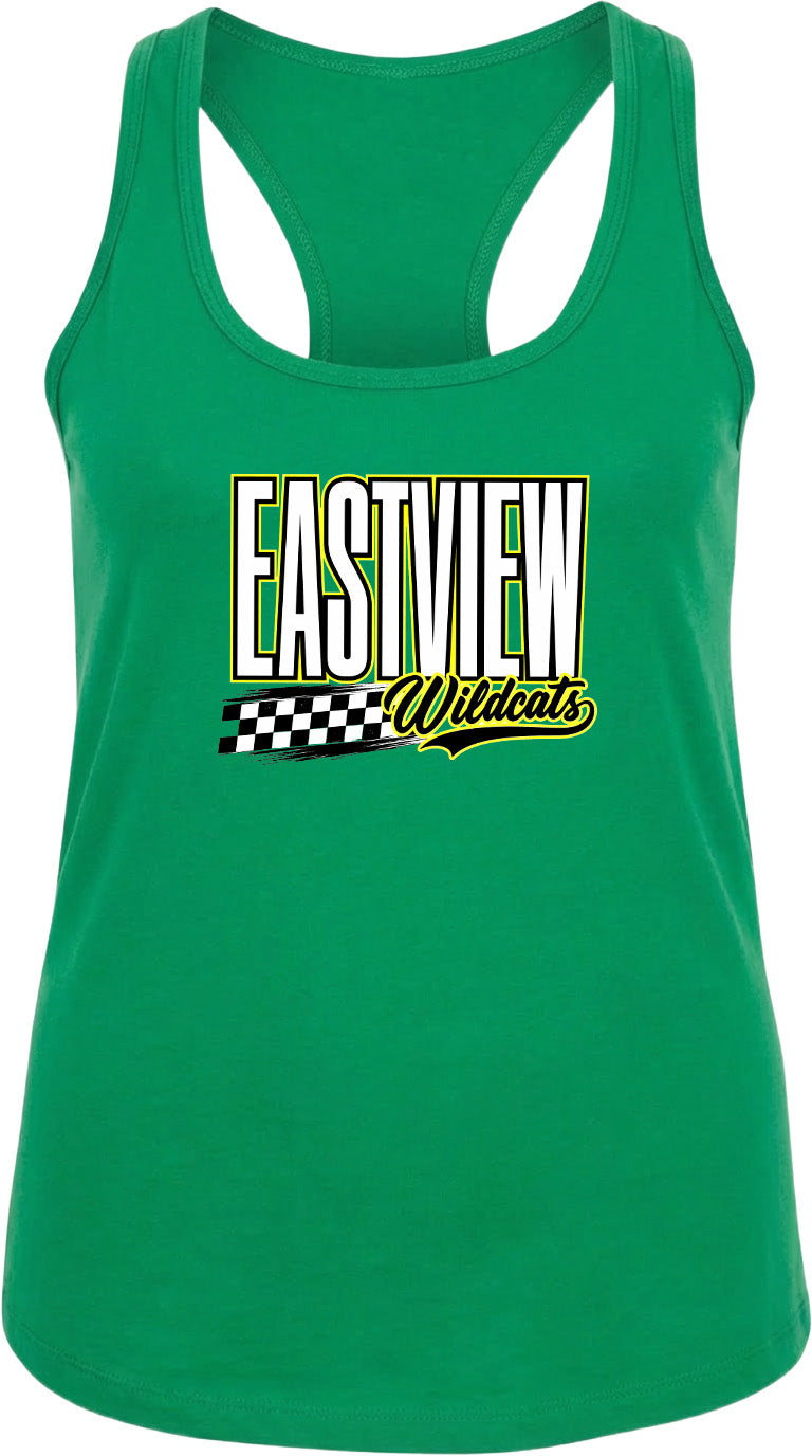 A green tank top with a graphic design featuring the text "EASTVIEW Wildcats" printed on it.