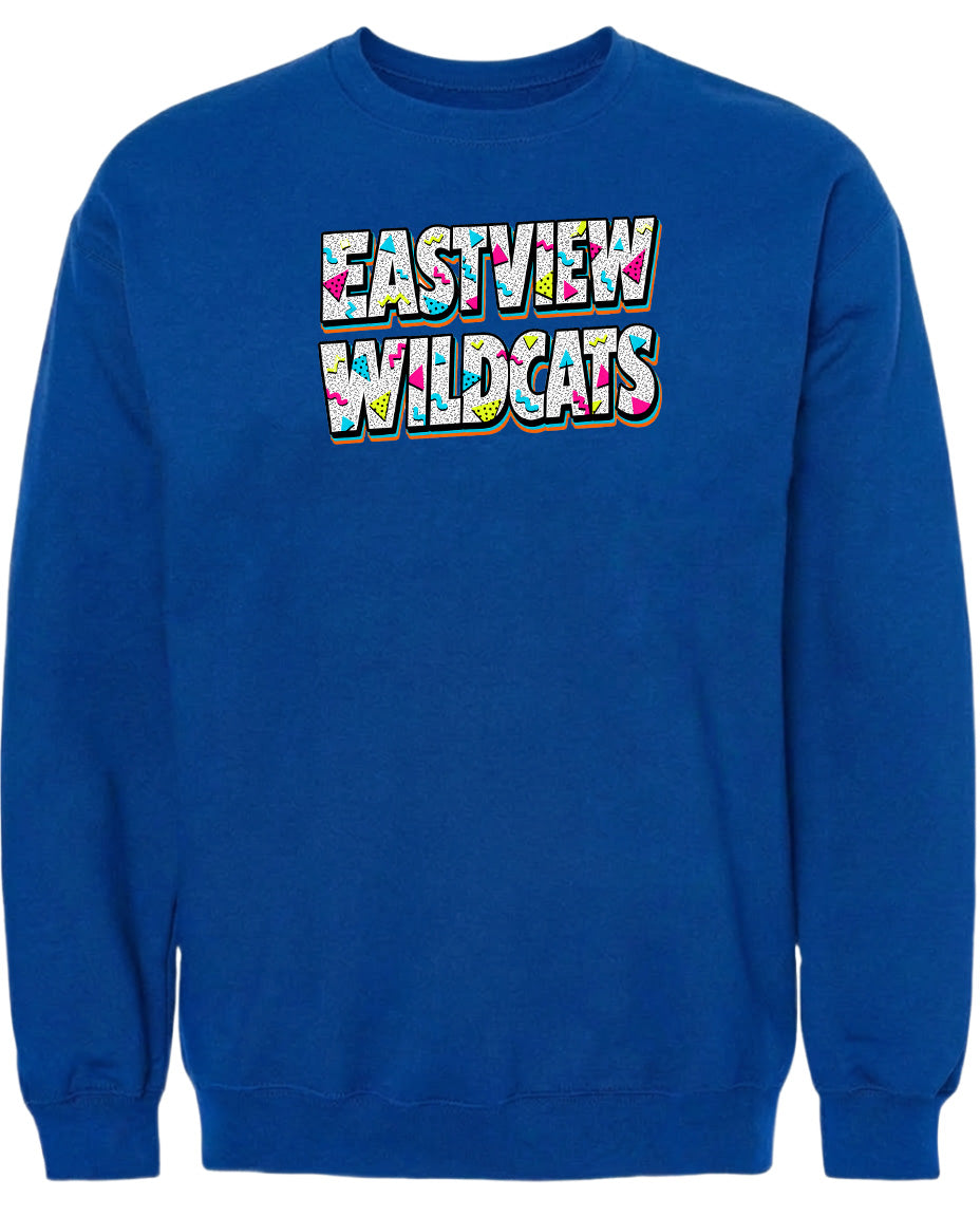A blue sweatshirt with the text "EASTVIEW WILDCATS" printed on it.