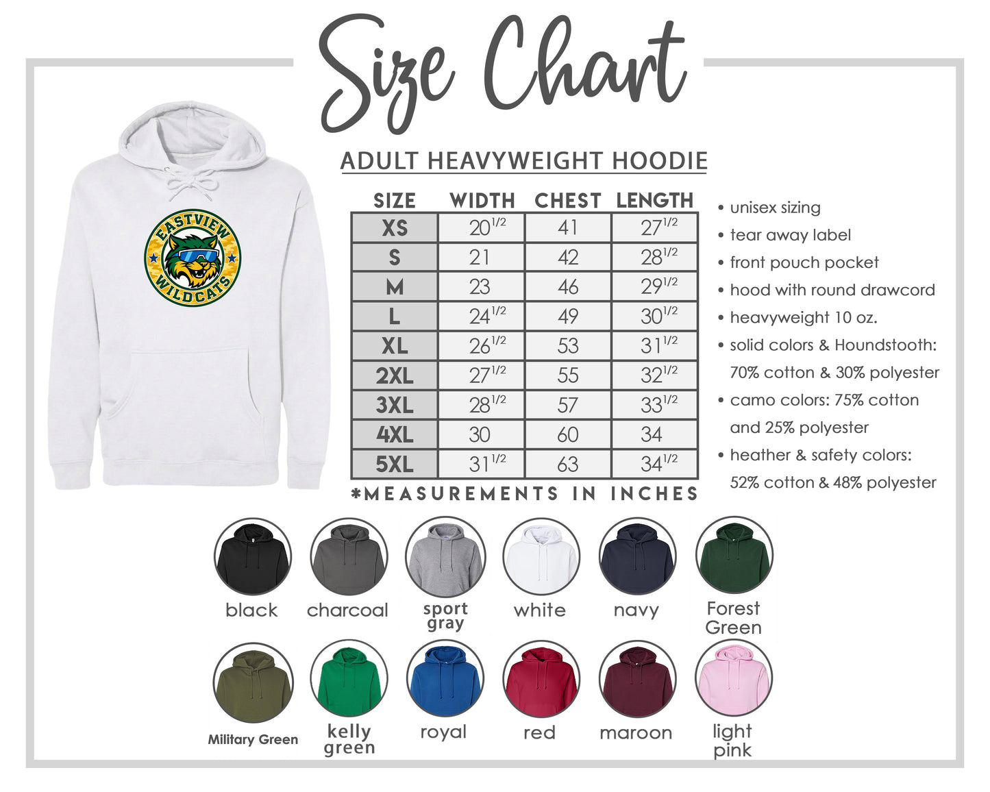 The image is a size chart for an adult heavyweight hoodie, including various color options and measurements in inches.