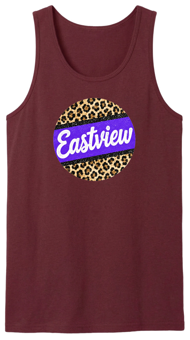 A burgundy tank top with a leopard print design and the word "Eastview" printed on it.