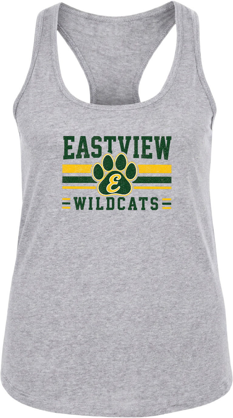 Gray tank top with a graphic design featuring a paw print and text that says "EASTVIEW WILDCATS".