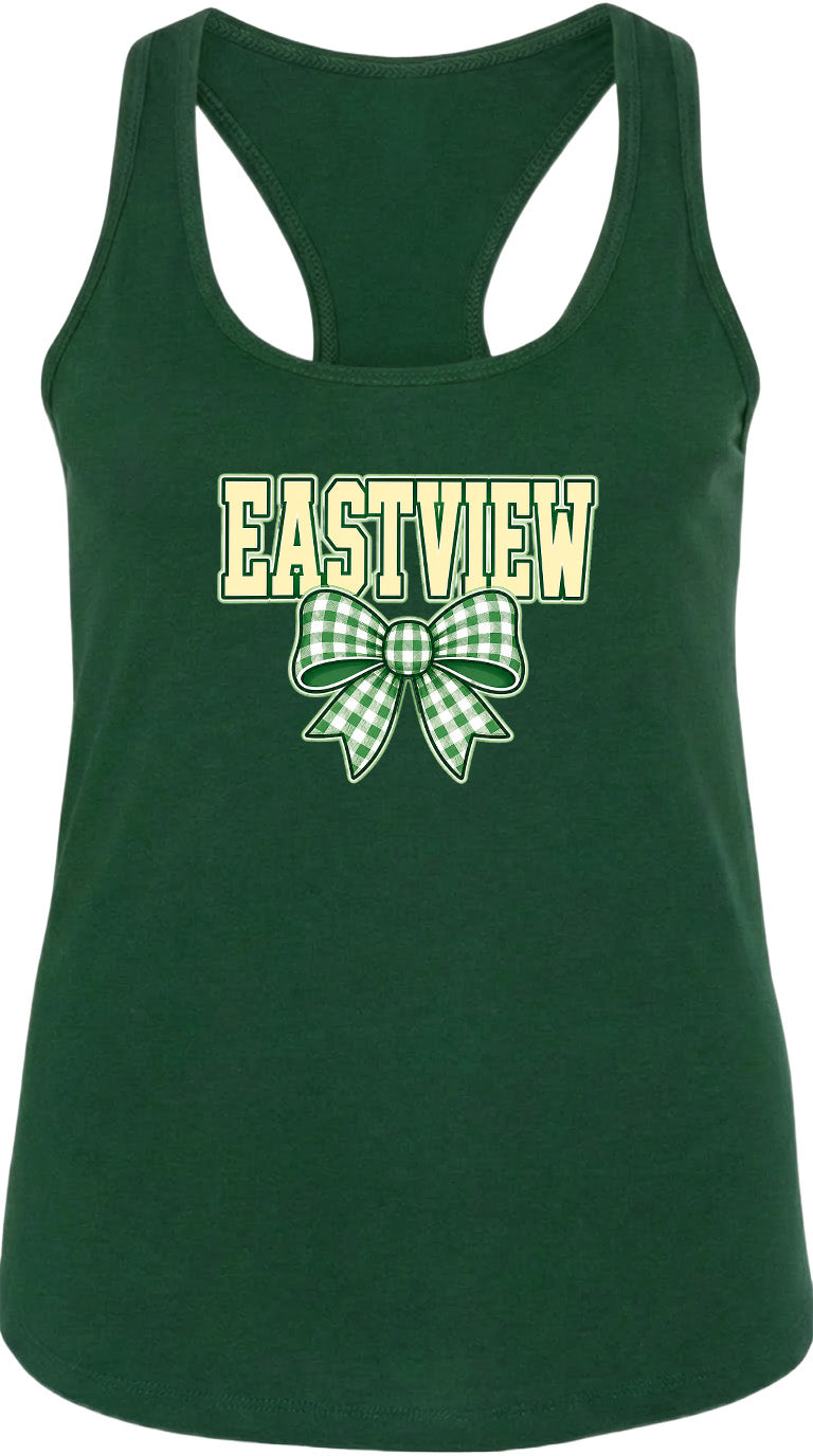 A green tank top with the word "EASTVIEW" and a bow graphic printed on it.