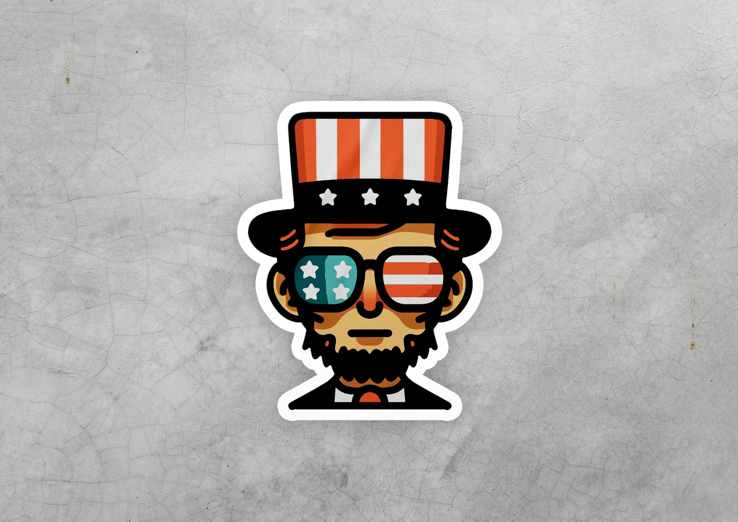 a sticker of a man wearing a top hat and sunglasses