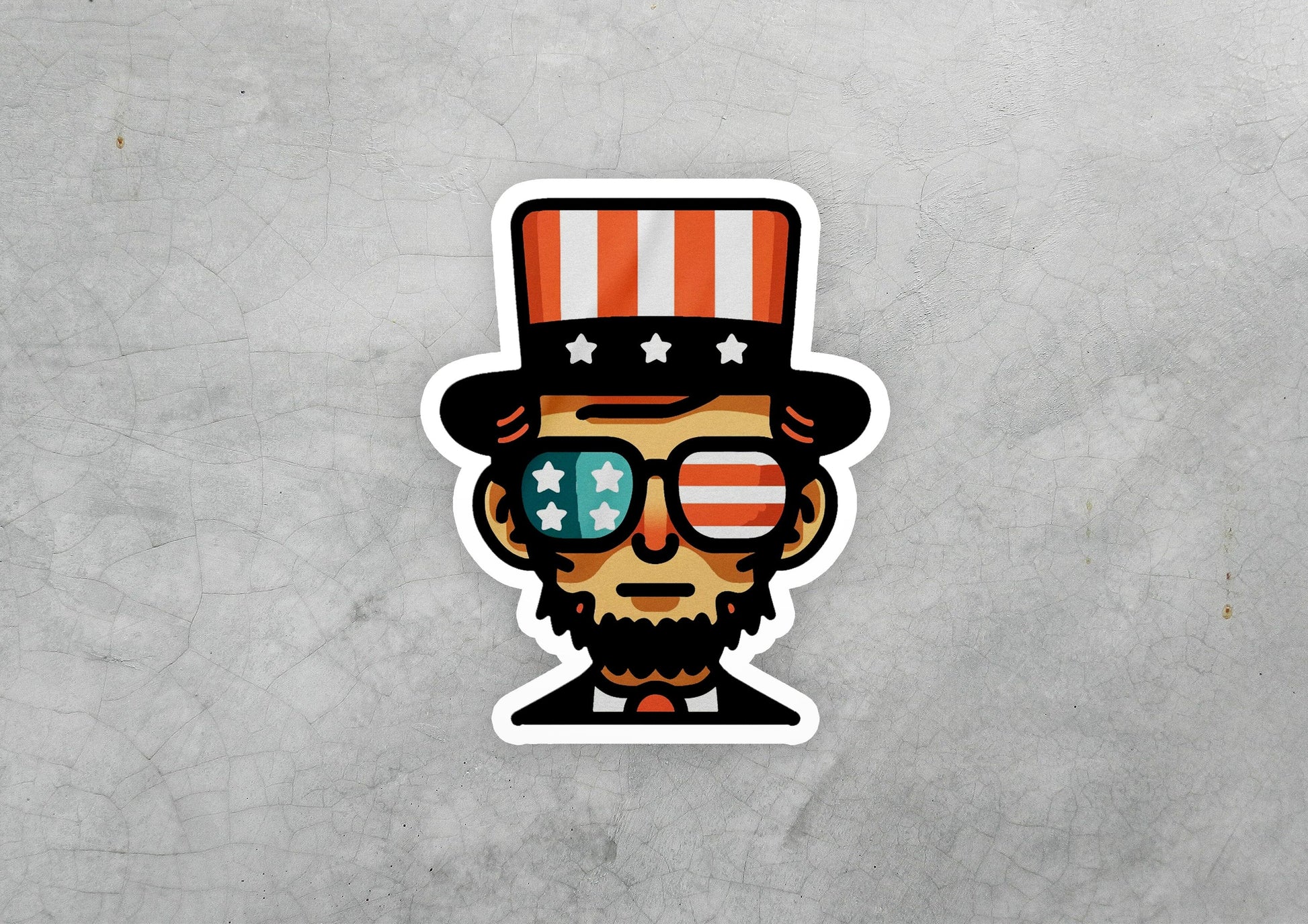 a sticker of a man wearing a top hat and sunglasses