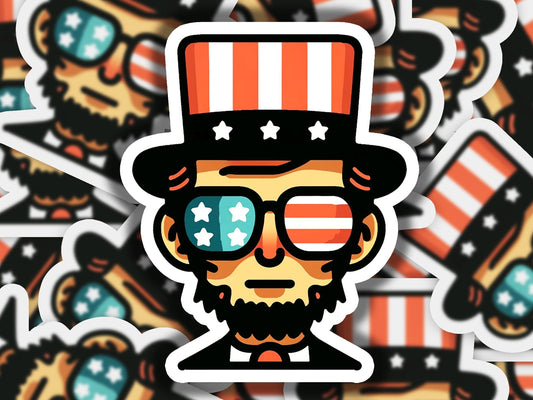 a sticker of a man wearing a top hat and sunglasses