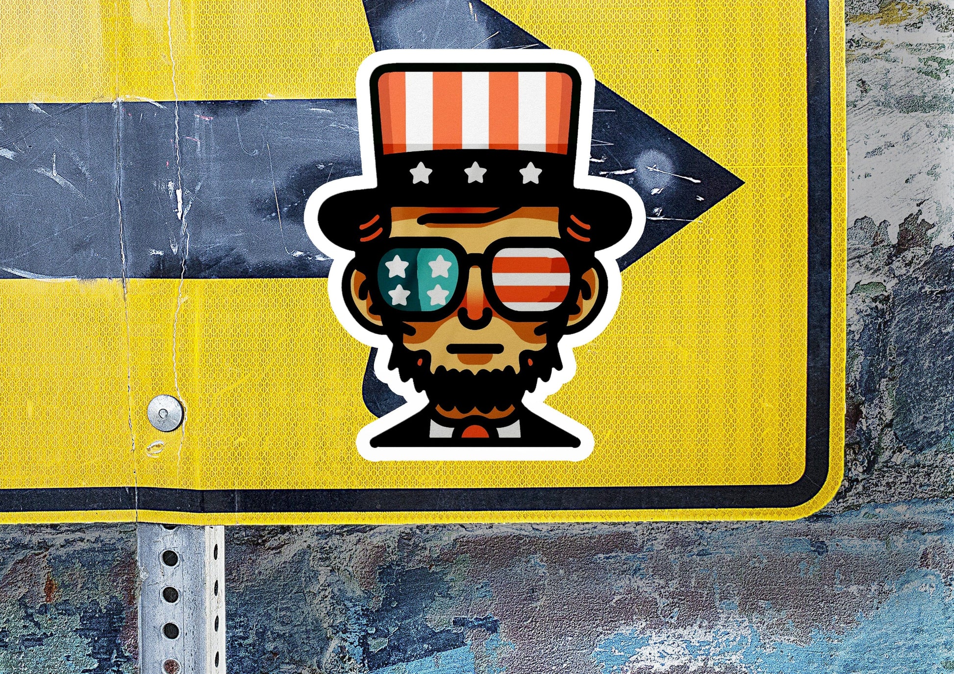 a street sign with a sticker of a man wearing a top hat