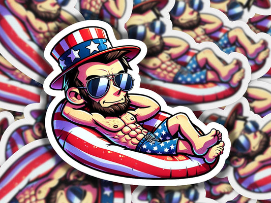a sticker of a man with a hat and sunglasses floating on an infl