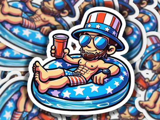 a sticker of a man sitting on an inflatable tube