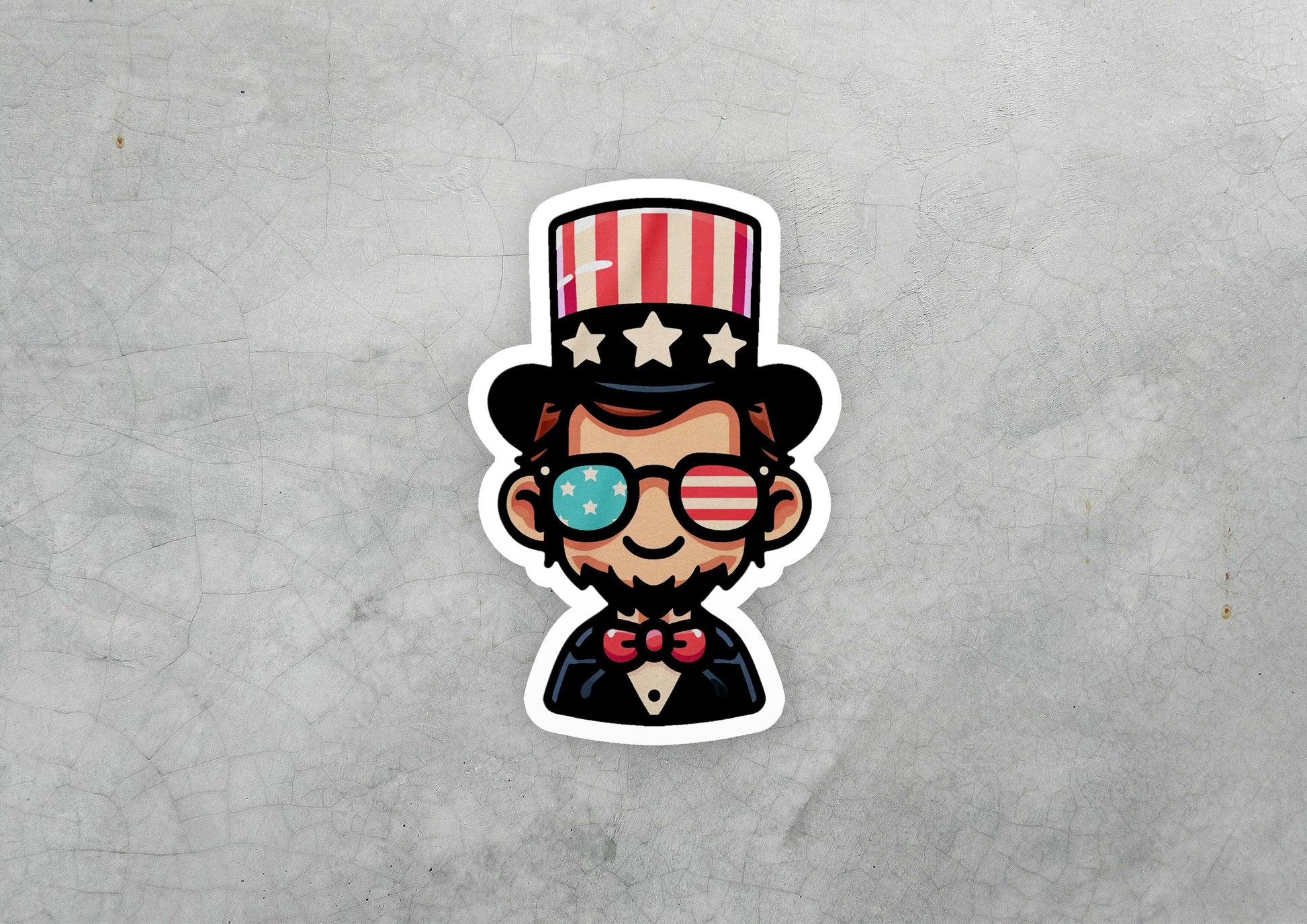 a sticker of a man wearing a top hat and glasses