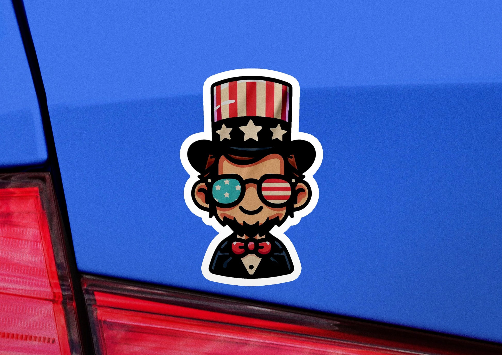 a sticker of a man wearing a top hat and glasses
