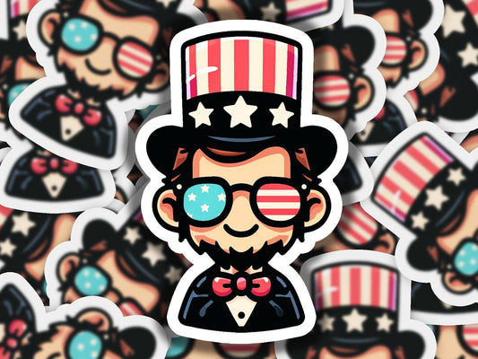 a sticker of a man wearing a top hat and glasses