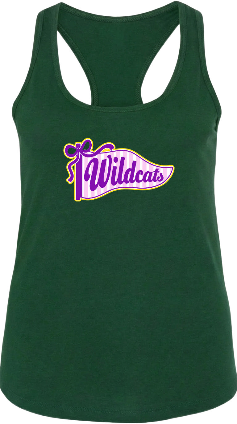 A green tank top with a purple and yellow graphic design featuring the text "Wildcats" on it.