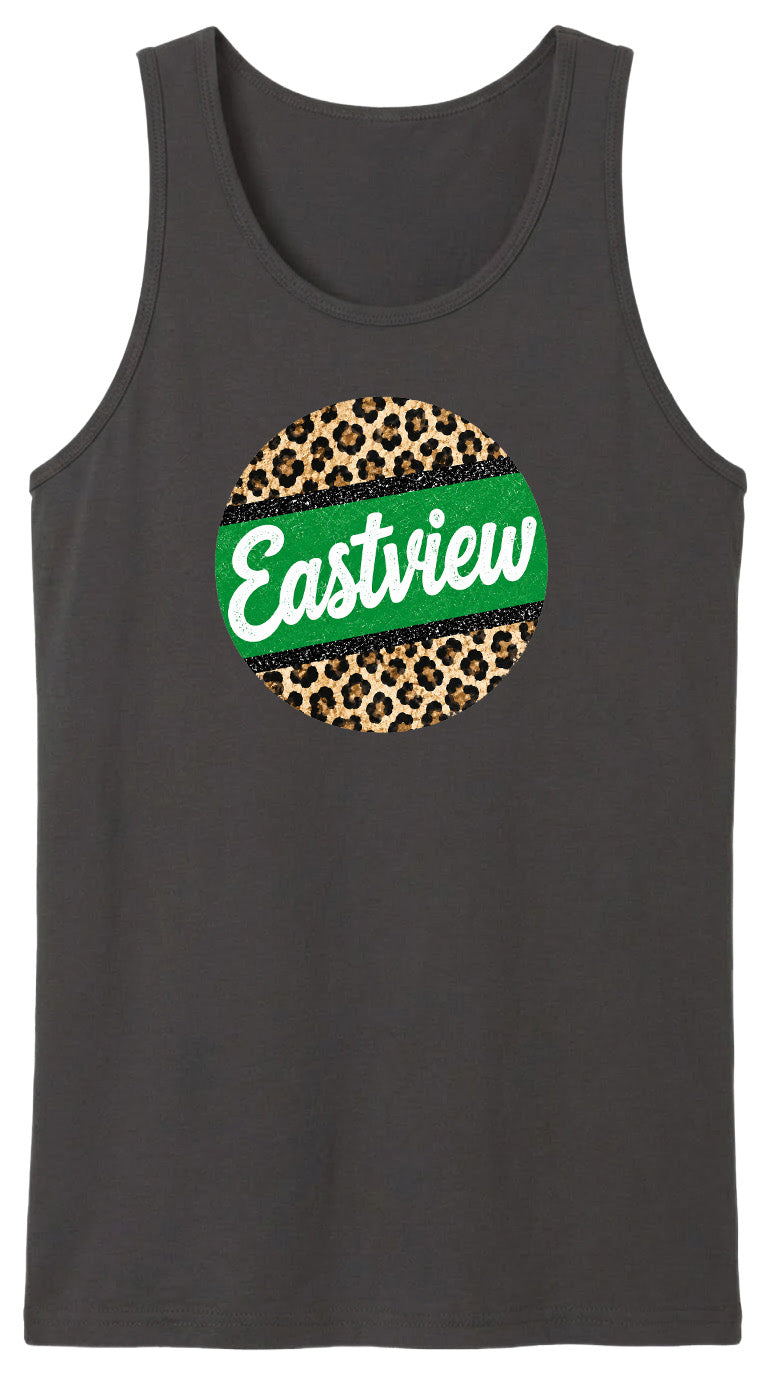 A gray tank top with a circular design featuring a leopard print pattern and the word "Eastview" written in white cursive text.