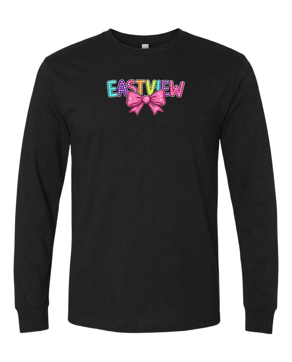 A black long-sleeved t-shirt with the word "EASTVIEW" printed on it in colorful letters.
