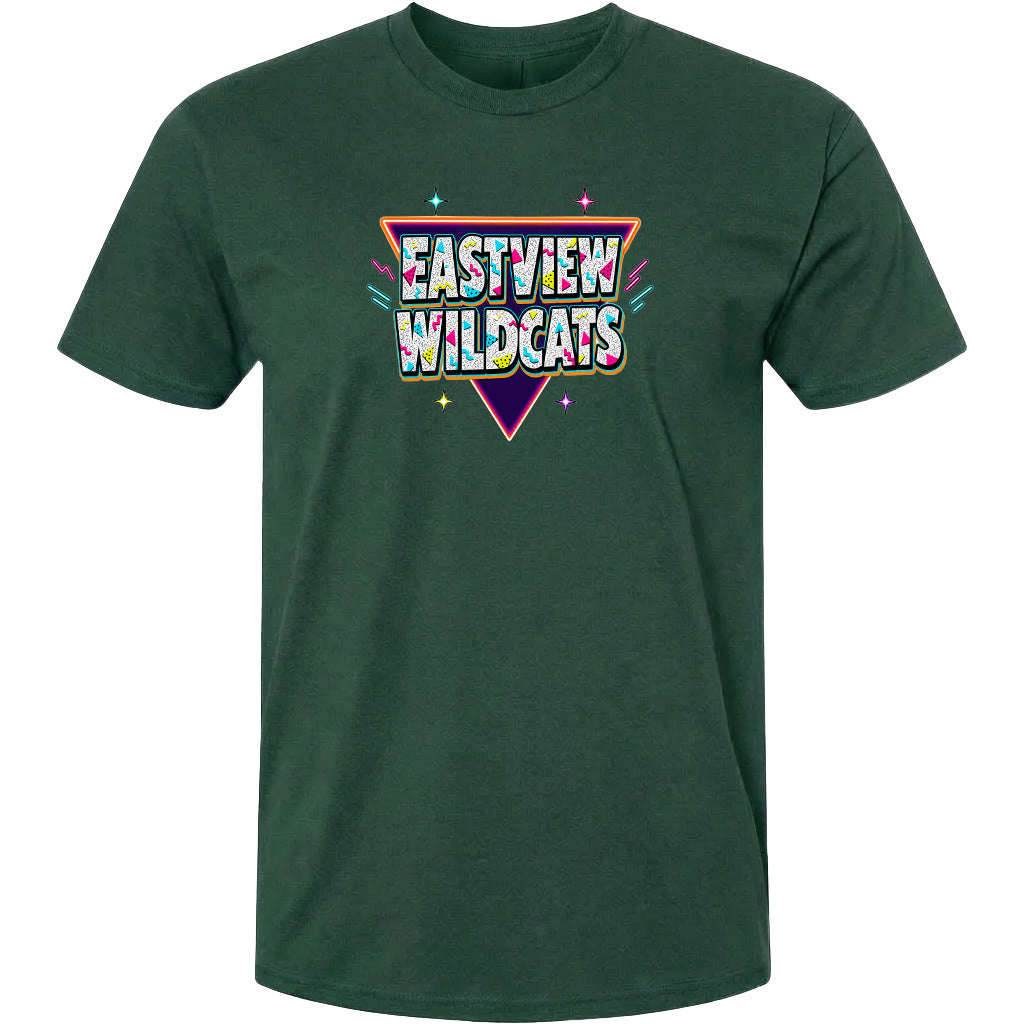 A green t-shirt with a colorful graphic design featuring the text "EASTVIEW WILDCATS" in a retro style.