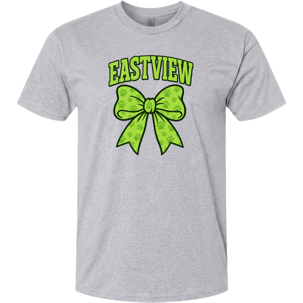 A gray t-shirt with a green bow and the text "EASTVIEW" printed on it.