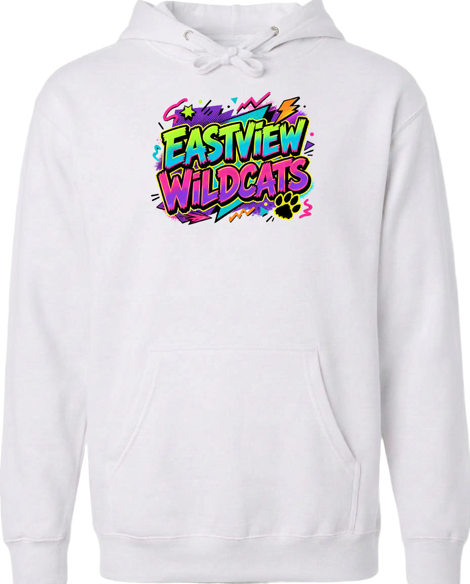 A white hoodie with a colorful graphic design on the front.