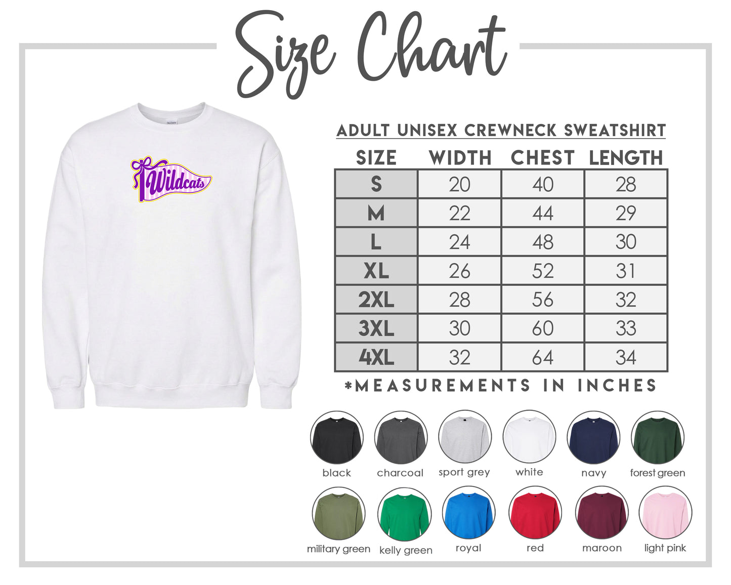 The image is a size chart for an adult unisex crewneck sweatshirt. It includes a white crewneck sweatshirt with a purple logo and a table with size measurements and corresponding shirt colors.