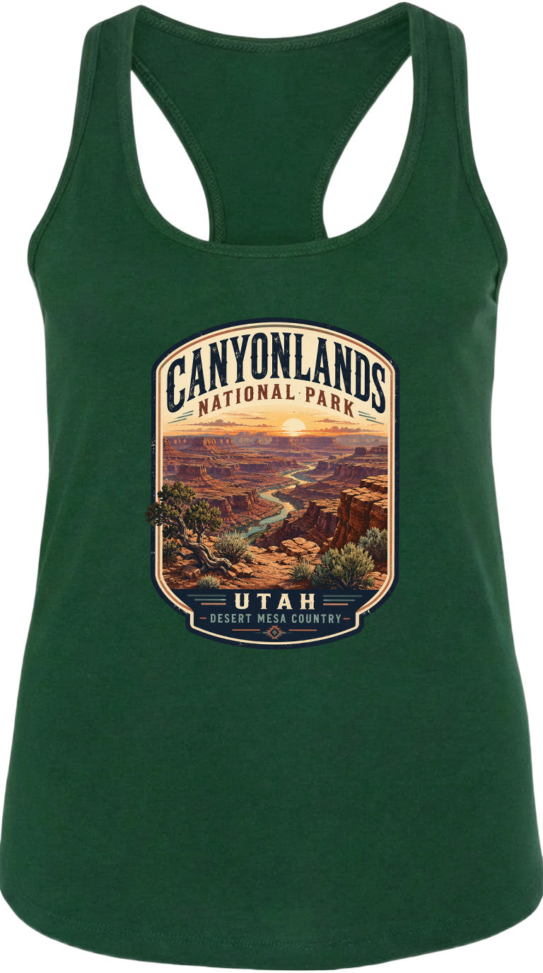 A green tank top with a graphic design depicting the scenic landscape of Canyonlands National Park in Utah.