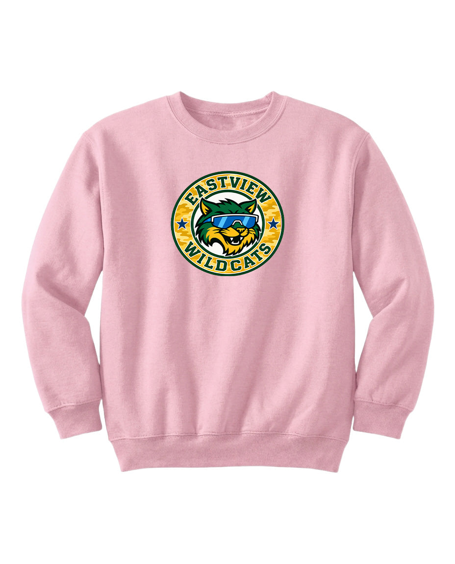 A pink sweatshirt with a logo on the front.