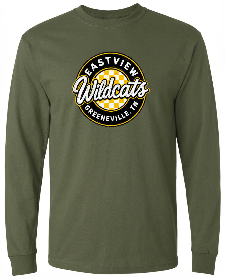 A long-sleeved olive green t-shirt with a circular logo on the front. The logo features the text "EASTVIEW Wildcats" and "Greeneville, TN" in a stylized font.