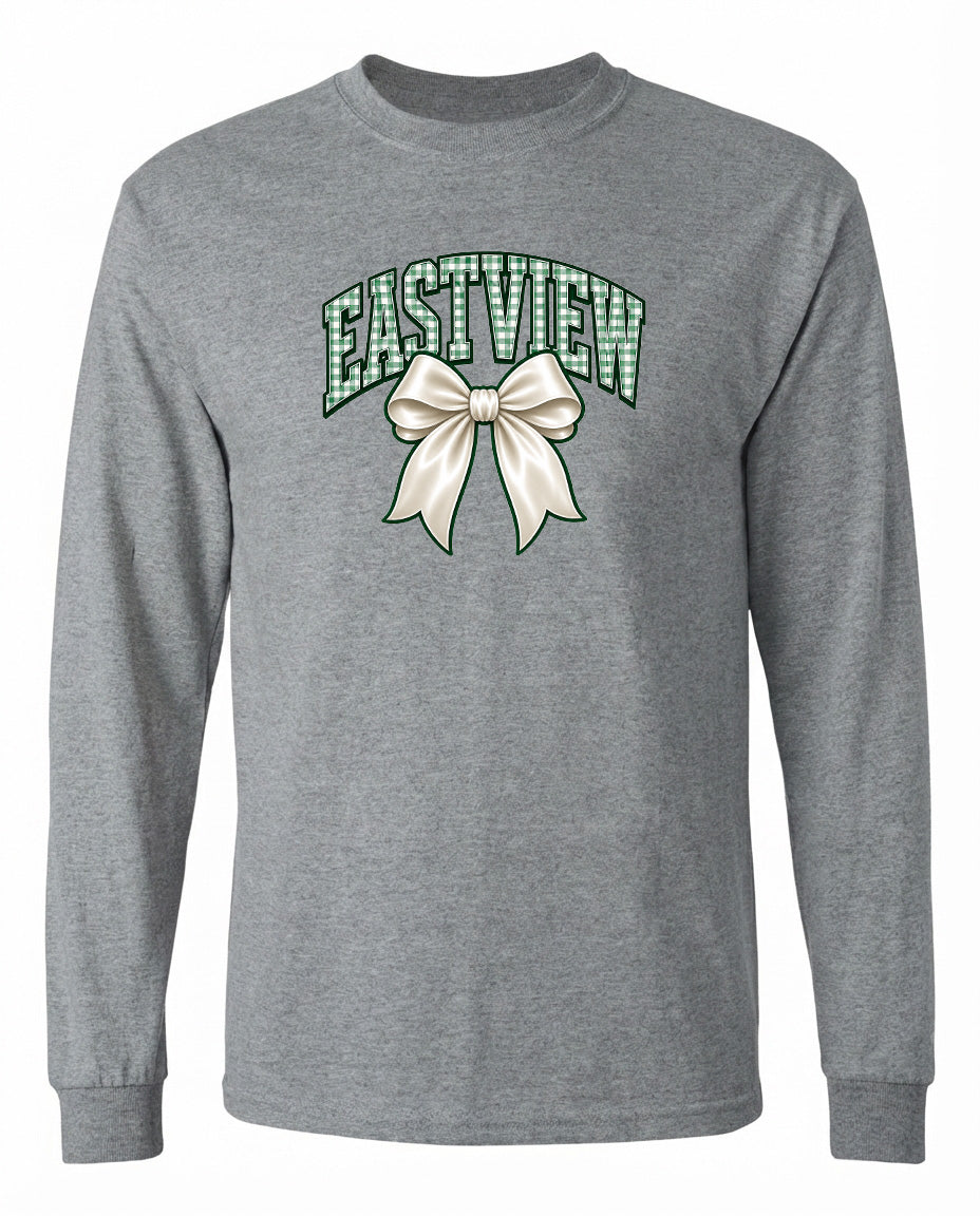 A gray long-sleeved t-shirt with a graphic design featuring a white bow and the word "EASTVIEW" printed on it.