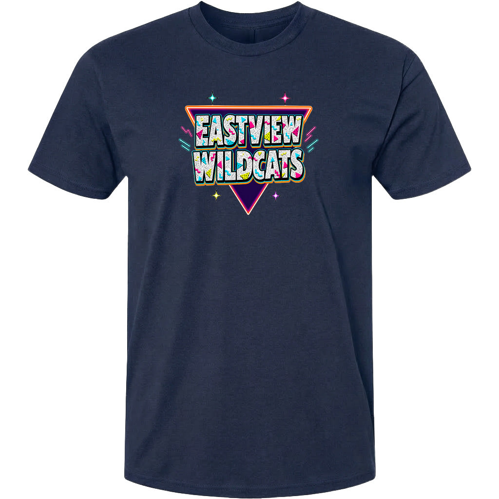 A navy blue t-shirt with a colorful graphic design featuring the text "EASTVIEW WILDCATS" in a retro style.