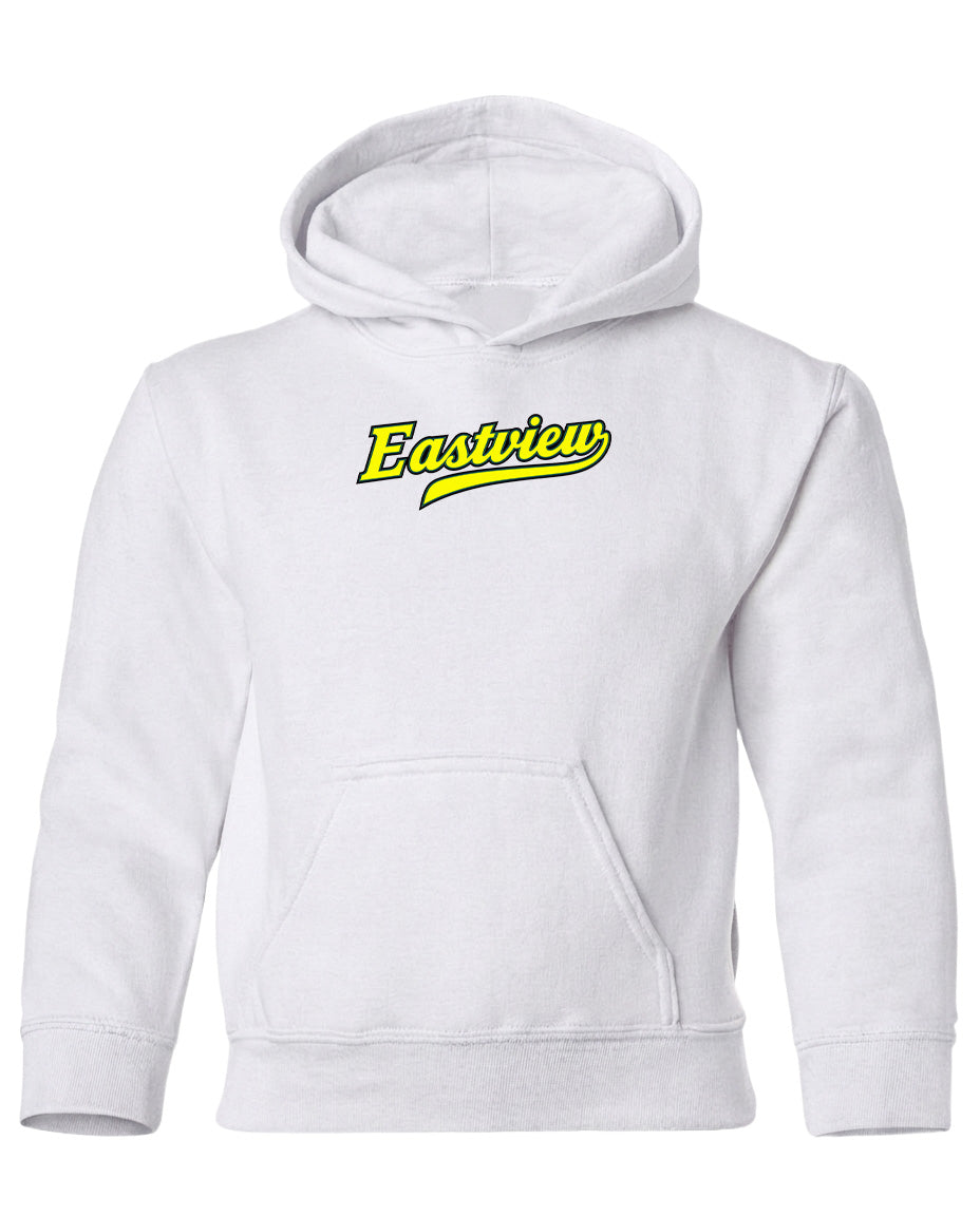 A white hoodie with a yellow logo on the front.
