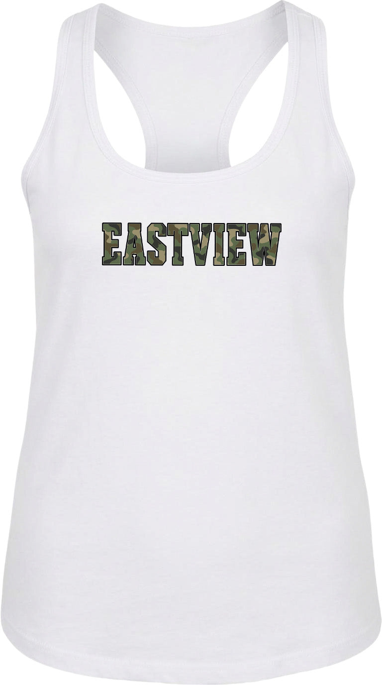 A white tank top with the word "EASTVIEW" printed on it in a camouflage pattern.