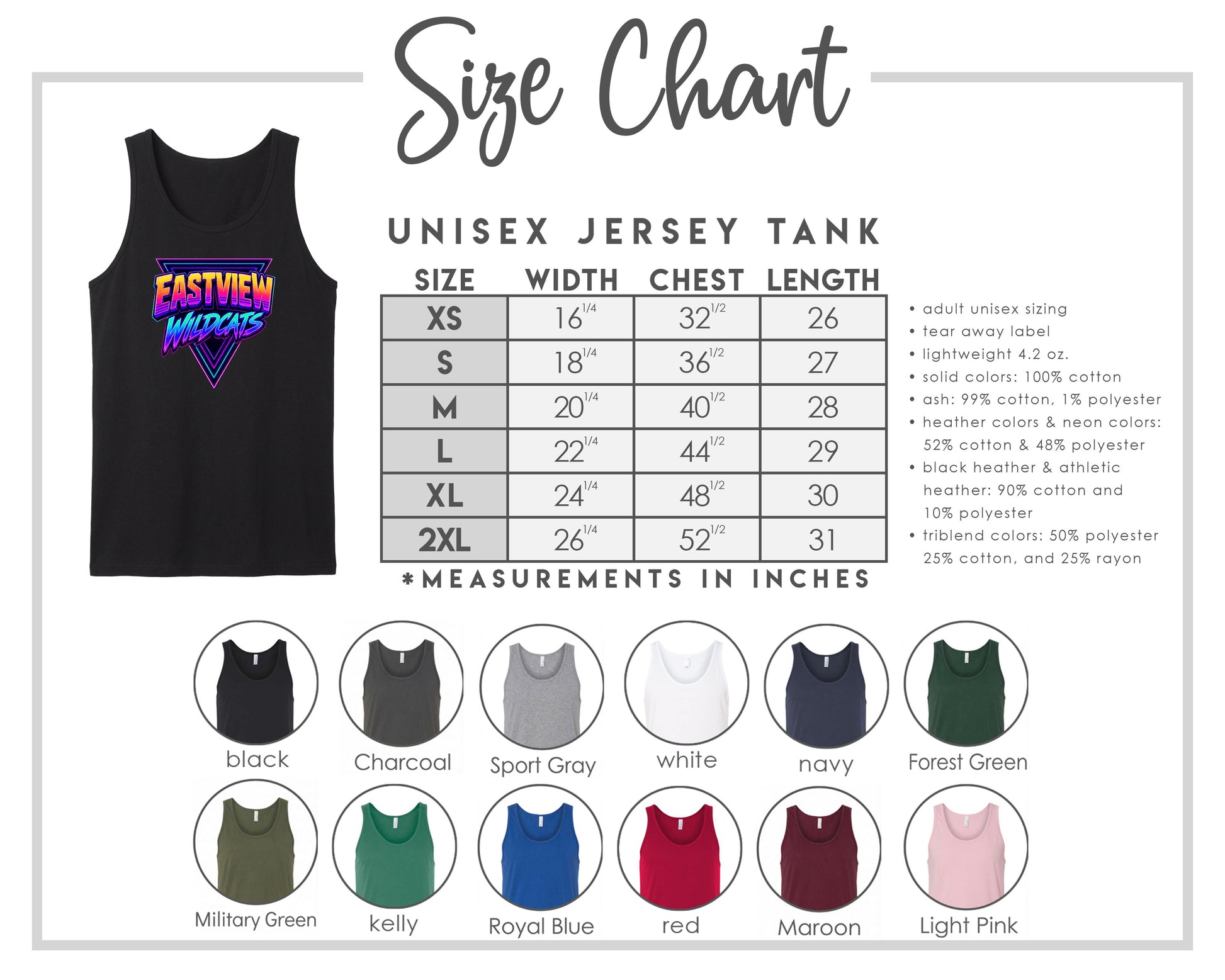 The image is a size chart for a unisex jersey tank, providing measurements in inches for different chest sizes. It includes a black tank, a gray tank, a navy tank, and a forest green tank, along with various color options such as black, charcoal, sport gray, navy, forest green, military green, royal blue, red, maroon, and light pink.