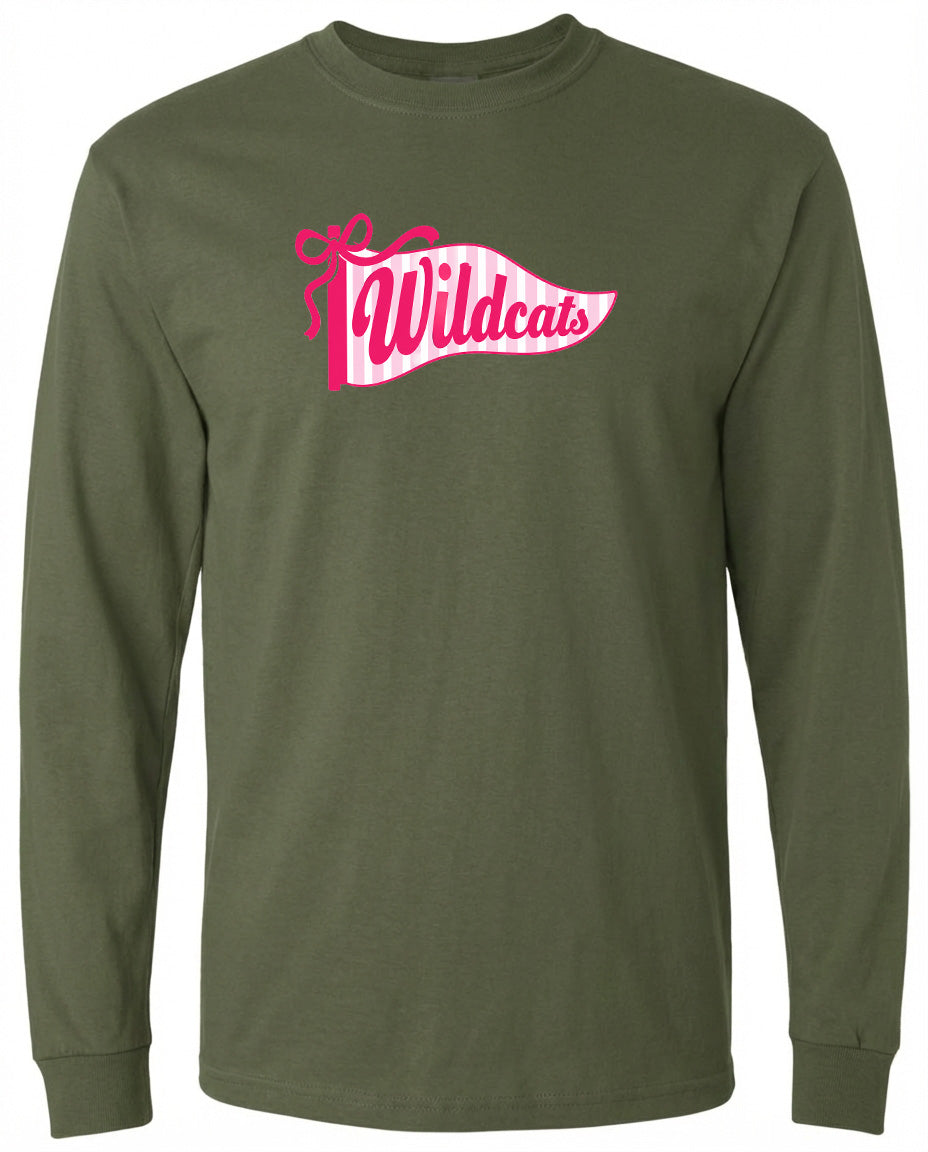 A long-sleeved olive green t-shirt with a pink graphic design featuring the text "Wildcats" and a decorative ribbon.